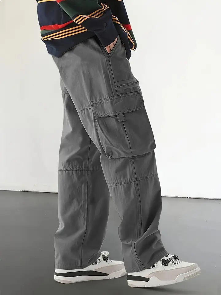 Mens Regular Plain Outdoor Overalls with Drawstrings and Large Flap Pocket Pants Personalized Zipper Suitable for Holiday Street Daily Leisure Mountai
