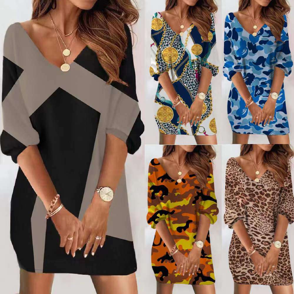 New Casual Loose V-Neck Printed Mid-Sleeve Women's Dress B5