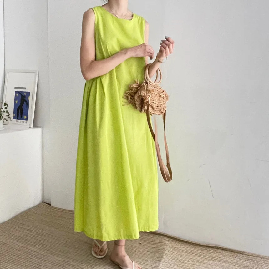 Cotton Linen Sleeveless Dresses Woman Clothing Loose Solar O-Neck Long Dress Ladies Casual Robes Y2k Colors Summer Sundress 250529