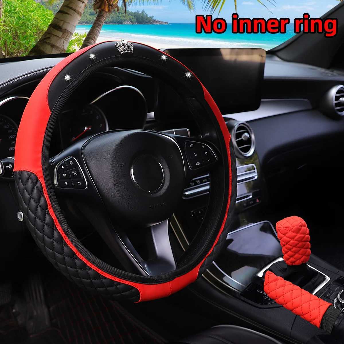 3-piece pu leather embroidered crown diamond car without inner ring steering wheel cover handbrake cover handle cover R250603