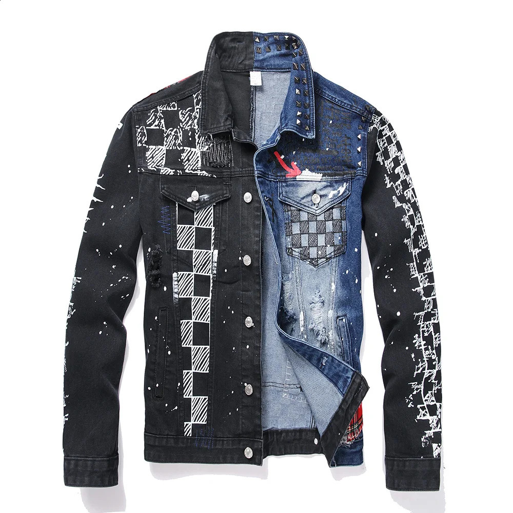 Men Punk Rivet Check Print Denim Jacket Holes Ripped Plaid Patches Patchwork Jean Coat Painted Blue Black Spliced Outerwear 250529
