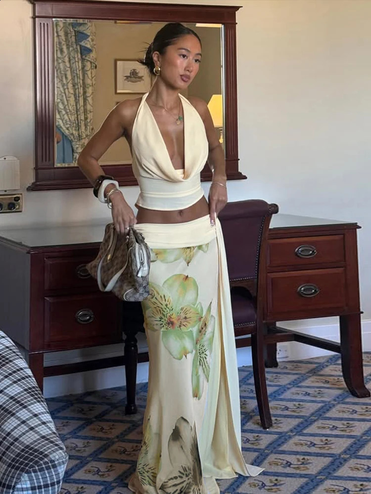 Weird Puss Elegant Women 3 Piece Set Stack Trend Halter TopsSplit Tassel TasselFlowers Mesh Skirts Matching Vacation Clubwear 250530