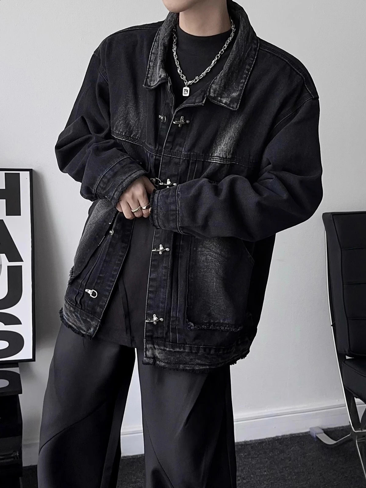 REDDACHIC 90s Mens Button Deconstructed Denim Bomber Jacket Frayed Oversize Coat Distressed Black Hip Hop Street Autumn Outerwear 250529
