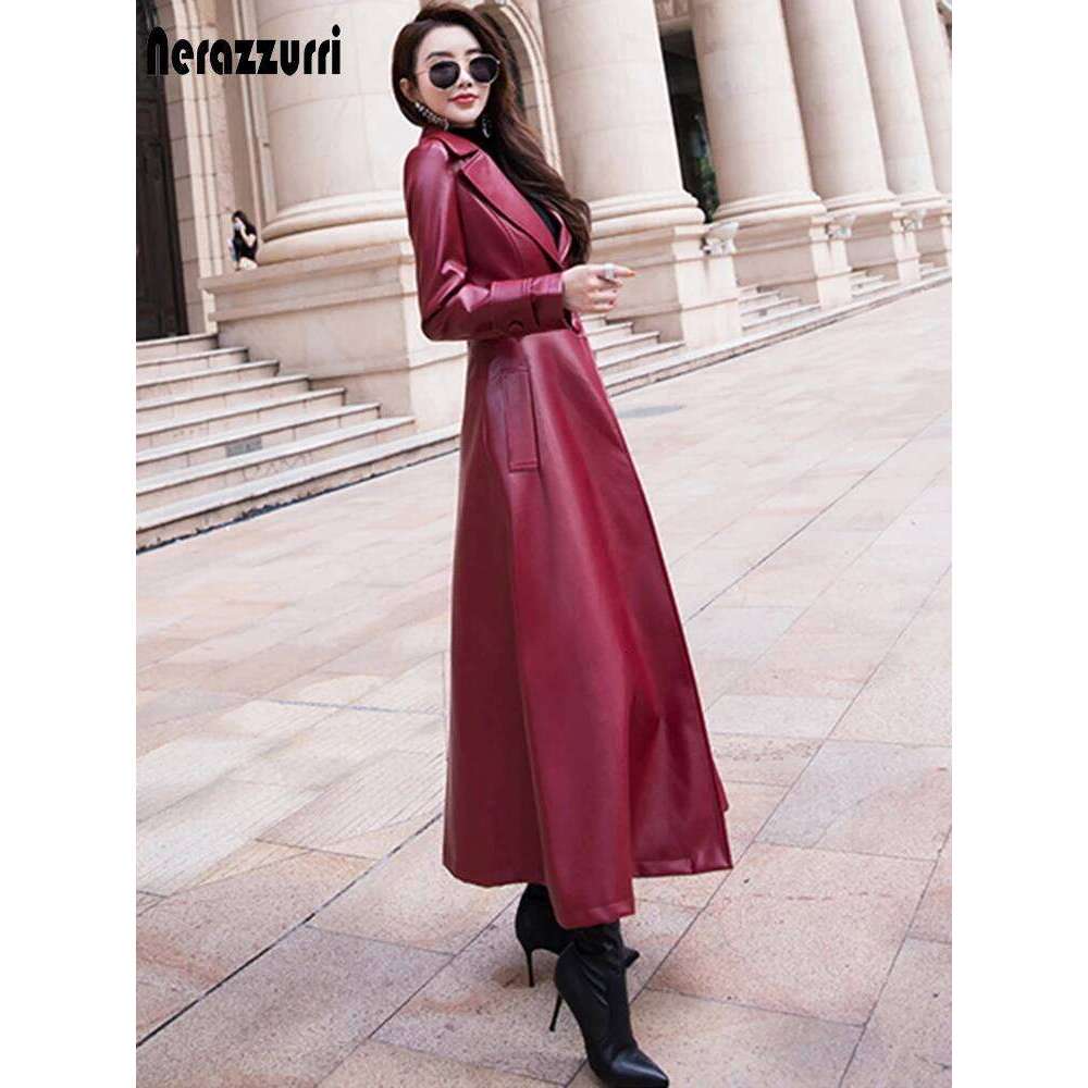 Nerazzurri Maxi fit and flare leather trench coat for 2021 spring Long designer clothing women long sleeve lapel