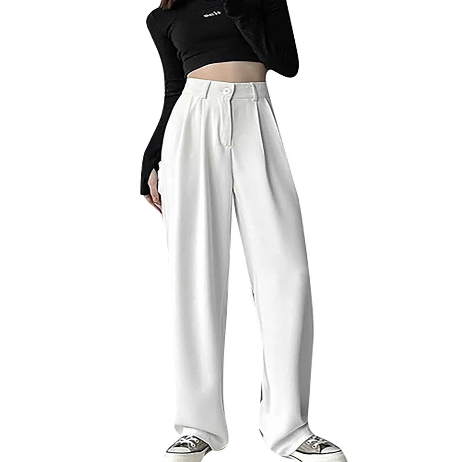 Solid Color High Waist Casual All-match Spring And Summer Daily Basic Commuting Suit Fabric Wide-leg Straight Pants For Ladies 250603