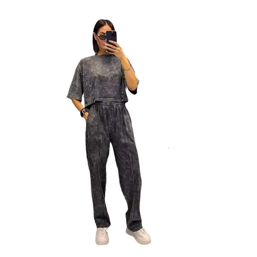 Vintage Washed Short Sleeve T-Shirt Straight High Waist Long Pants Set Women's Fashion Casual High-End B5
