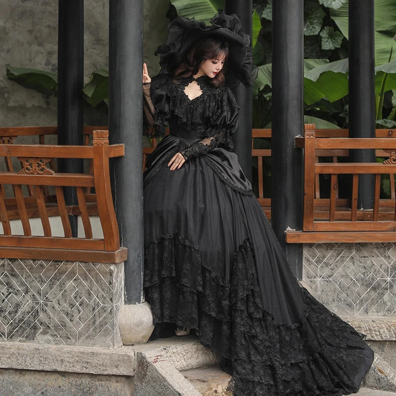 Vintage Princess Black Flower Lace Long Puff Sleeve Ruffles Ball Gown Lace Up Gothic Style Customized Wedding Dress