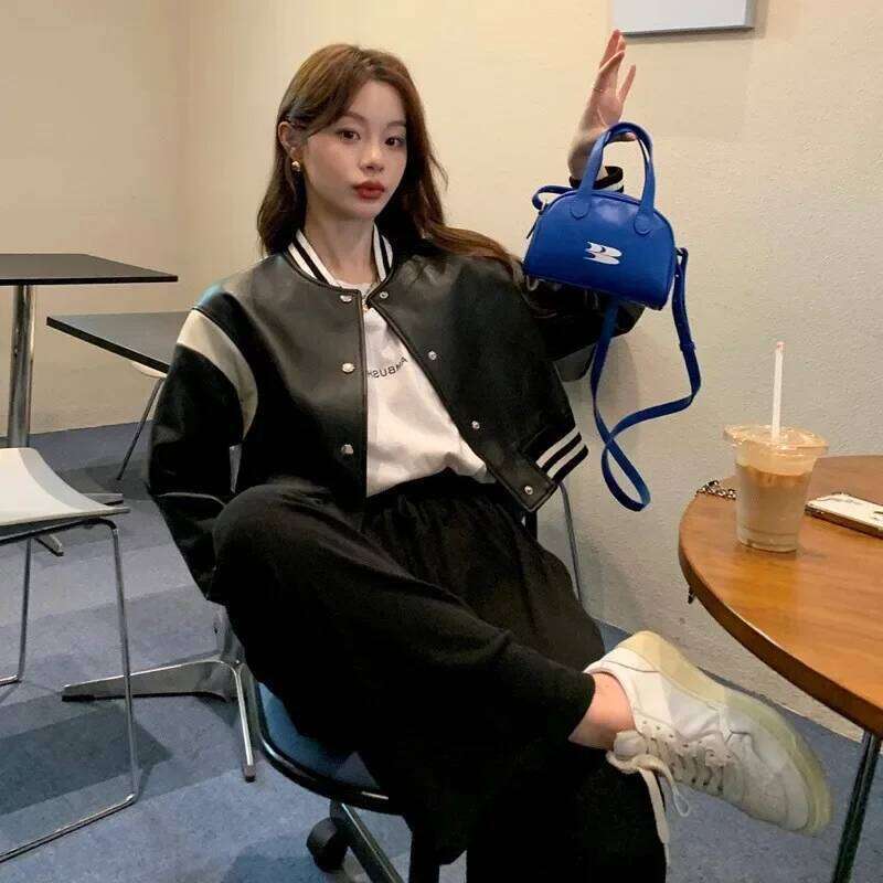 Black And White Color Block Loose Fit Bike Jacket For Women New 2024 Spring Autumn Casual American Style Leather Clip-On J