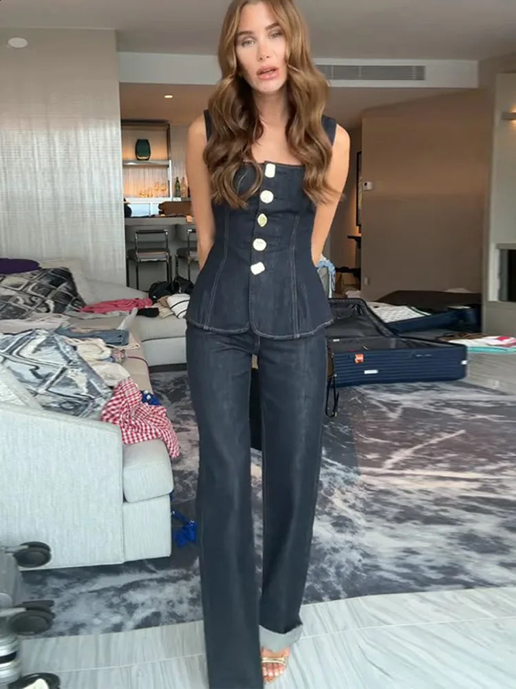 Vintage Womens Denim Sleeveless Set Crop Top With Chic Buttons Matching High Waist Slim Fit Jeans Casual Streetwear Outfits 250530