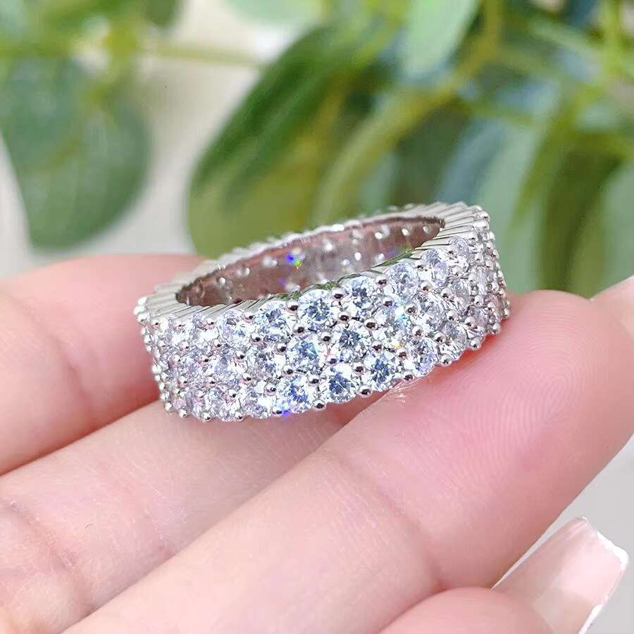 FOXI 3 Row Moissanite Diamond Eternity Band Ring Platinum Plated Hip Hop 925 Sterling Silver VVS Moissanite Diamond Fine Rings