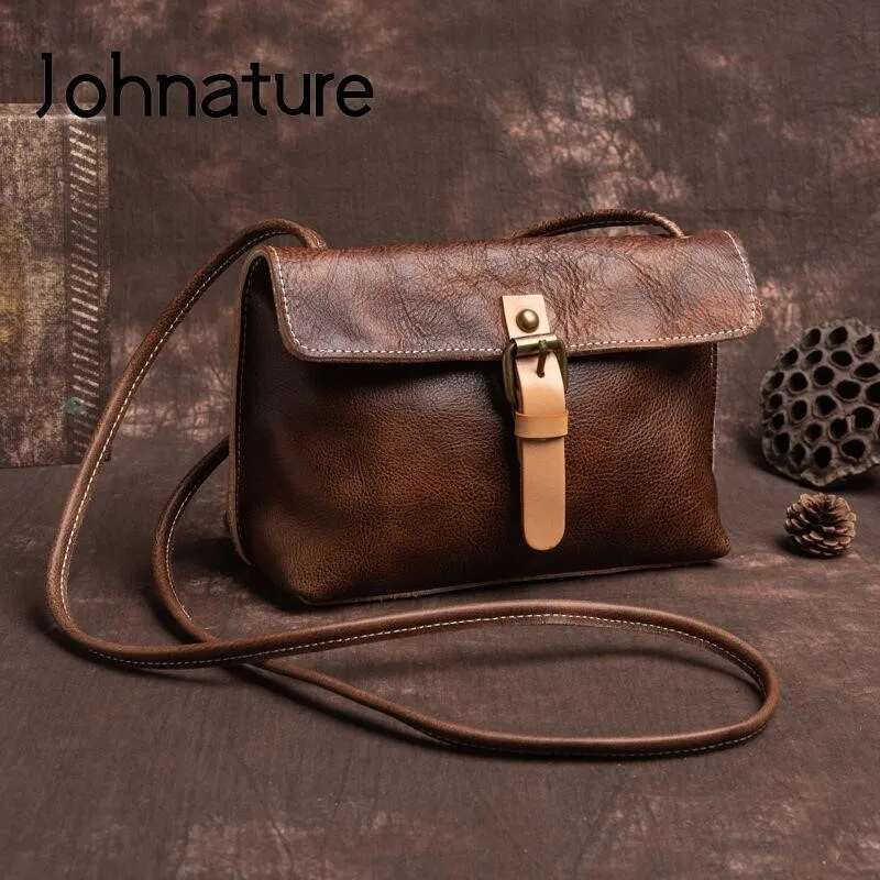 Johnature Vintage Genuine Leather Women Small Bag Versatile Leisure Natural Soft Cowhide Solid Color Shoulder & Crossbody Bags