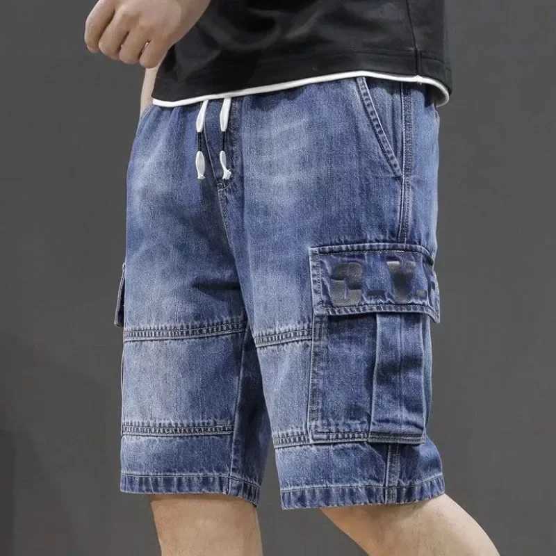Mens Denim Shorts Gray Drawstring with Pockets Popular Harajuku Buttons Cowboy Xxxl Korean Fashion Sale T250603