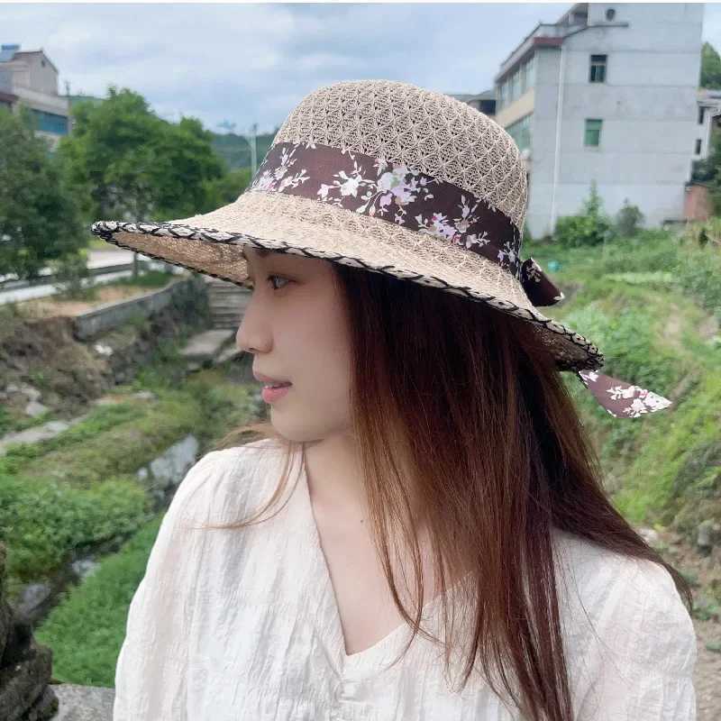 Woman Elegant Floral Bowknot Ribbon Sun Hats Vintage Straw Hats Summer Travel Sun Protection Wide Brims Hats Apparel Accessories W250602