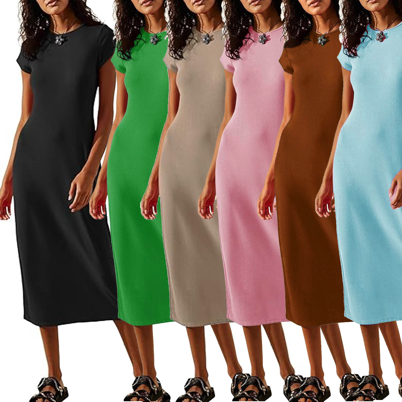 women's wear 2024 New Summer Hot Item Solid Color Sexy Short Sleeve Slim Fit Bodycon Dress for Women