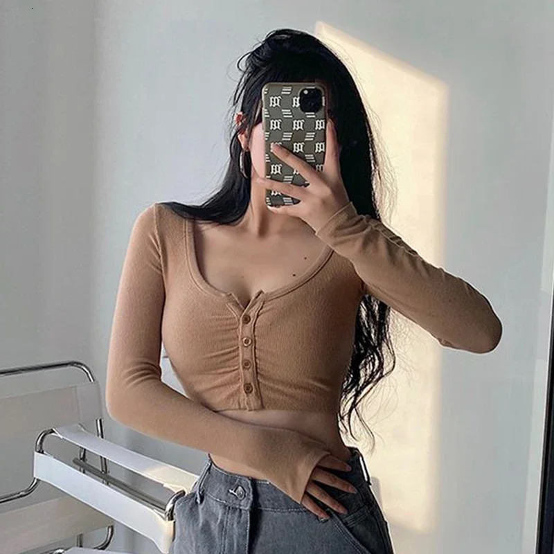 Xpqbb White Long Sleeve Crop Top Women Y2K Sexy Skinny Night Club Short T-Shirt Female Summer Thin Button Knitted Blouse 250603