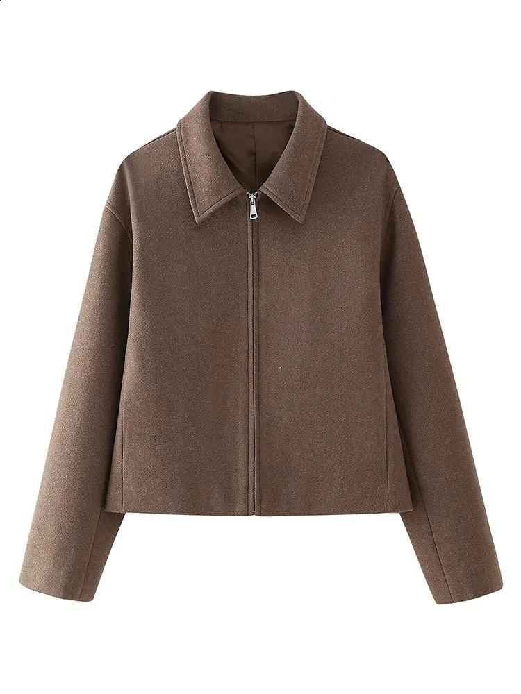 TRAFZA Womens Spring Street Outerwear Solid Color Fashion Long Sleeved Lapel Zipper Pocket Tweed Jacket Causal Coats 250530