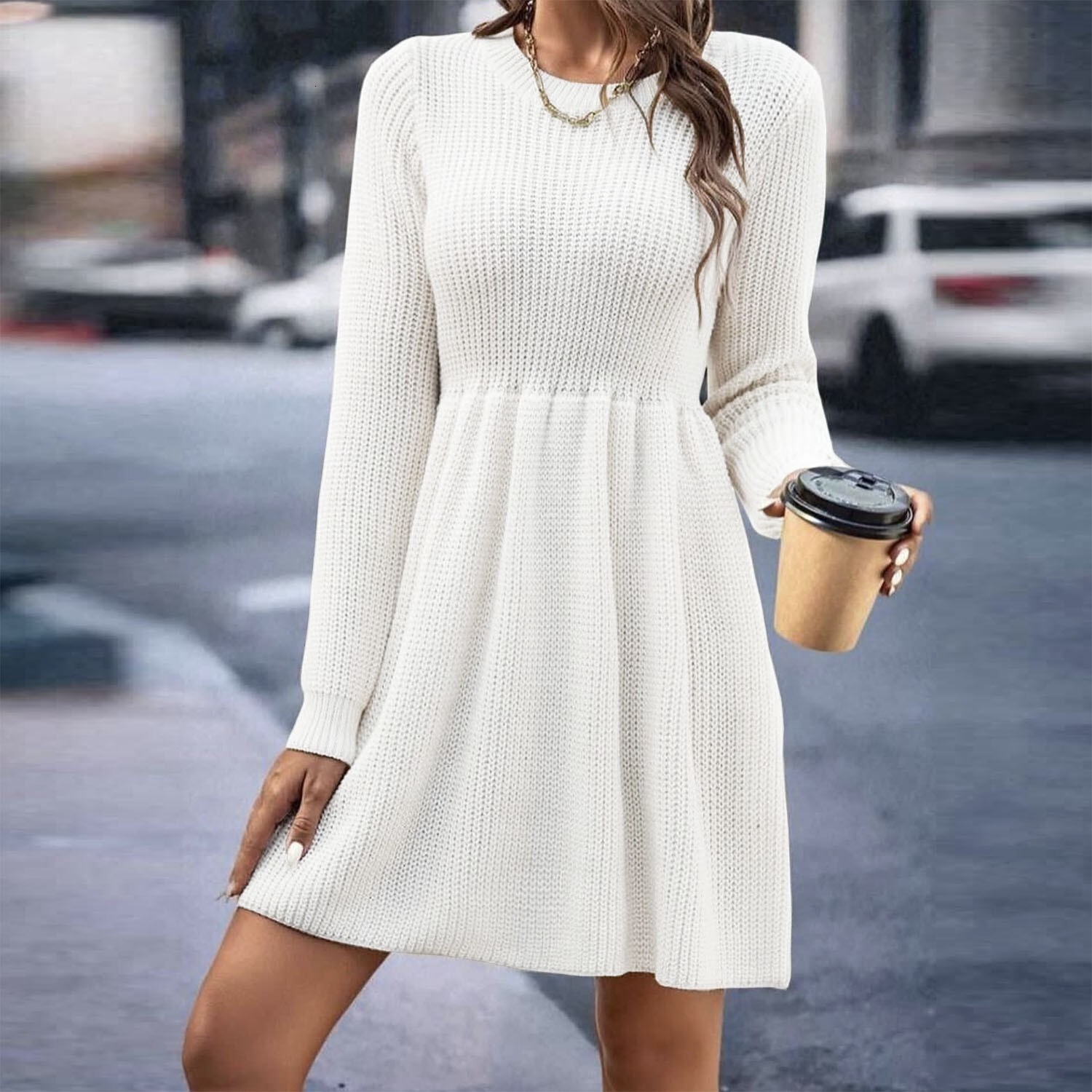women's wear 2024 Autumn Winter Women's Solid Color Doll Sweater Dress Women