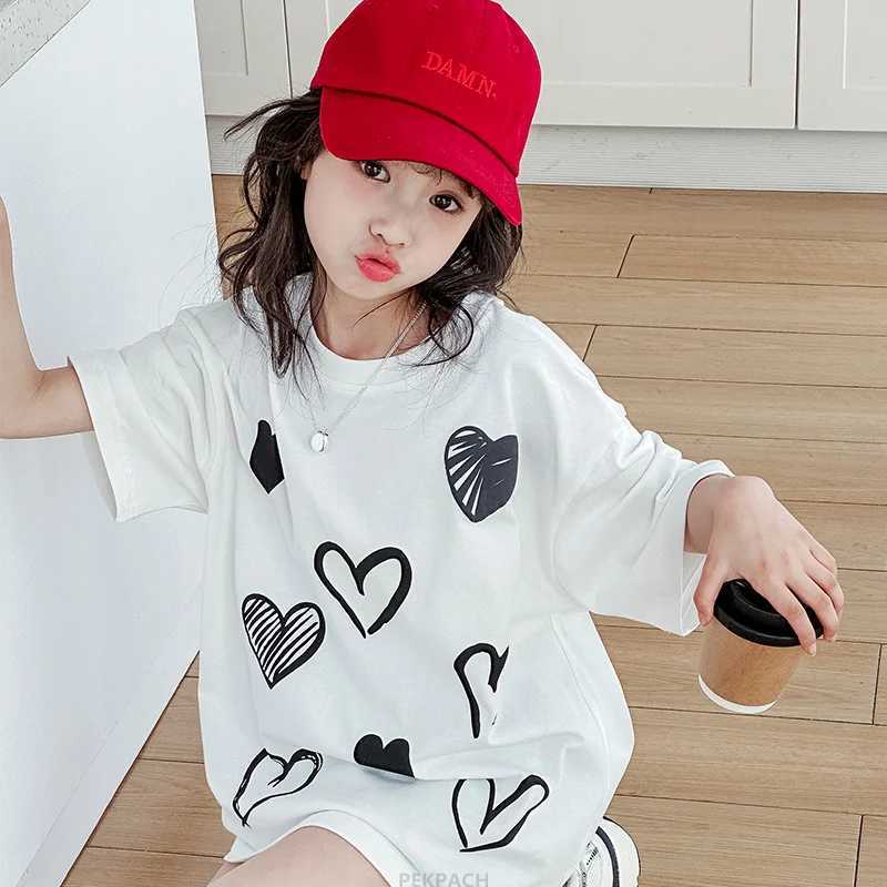 Hot Sale Child Summer Short Sleeve T-shirt with Heart Print For Girls Elegant Cotton Tshirt Outfit Tee Tops Age 5 7 9 11 13 14 Y T250603