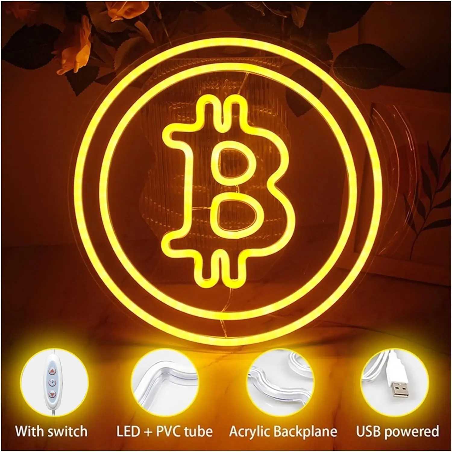 Bitcoin Neon Sign Neon Wall Decoration with Dimmer Switch USB-powered LED Neon Light Sign for Bars Parties Restaurants XJ250602
