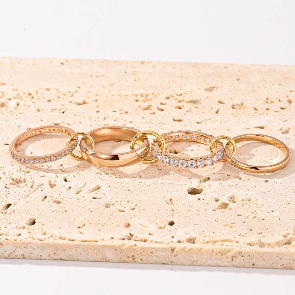 Gold-Plated Copper Four-Ring Stacking Ring with Cubic Zirconia Inlay Jewelry