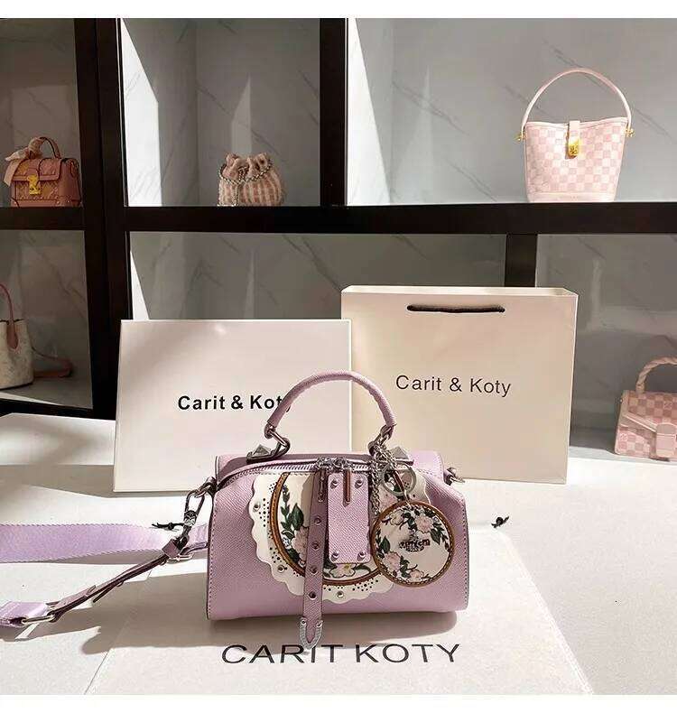 Purple Color Fashion Embroidery Floral Pillow High Quality Women Handbag Lady Purse Textured Leather Shoulder Messenger Bag