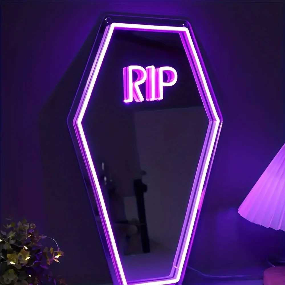 RIP Coffin Shaped Neon Sign Mirror - Gothic Home Decor USB Powered Wall Hanging with Switch Control Plastic Material Multipurpose XJ250602