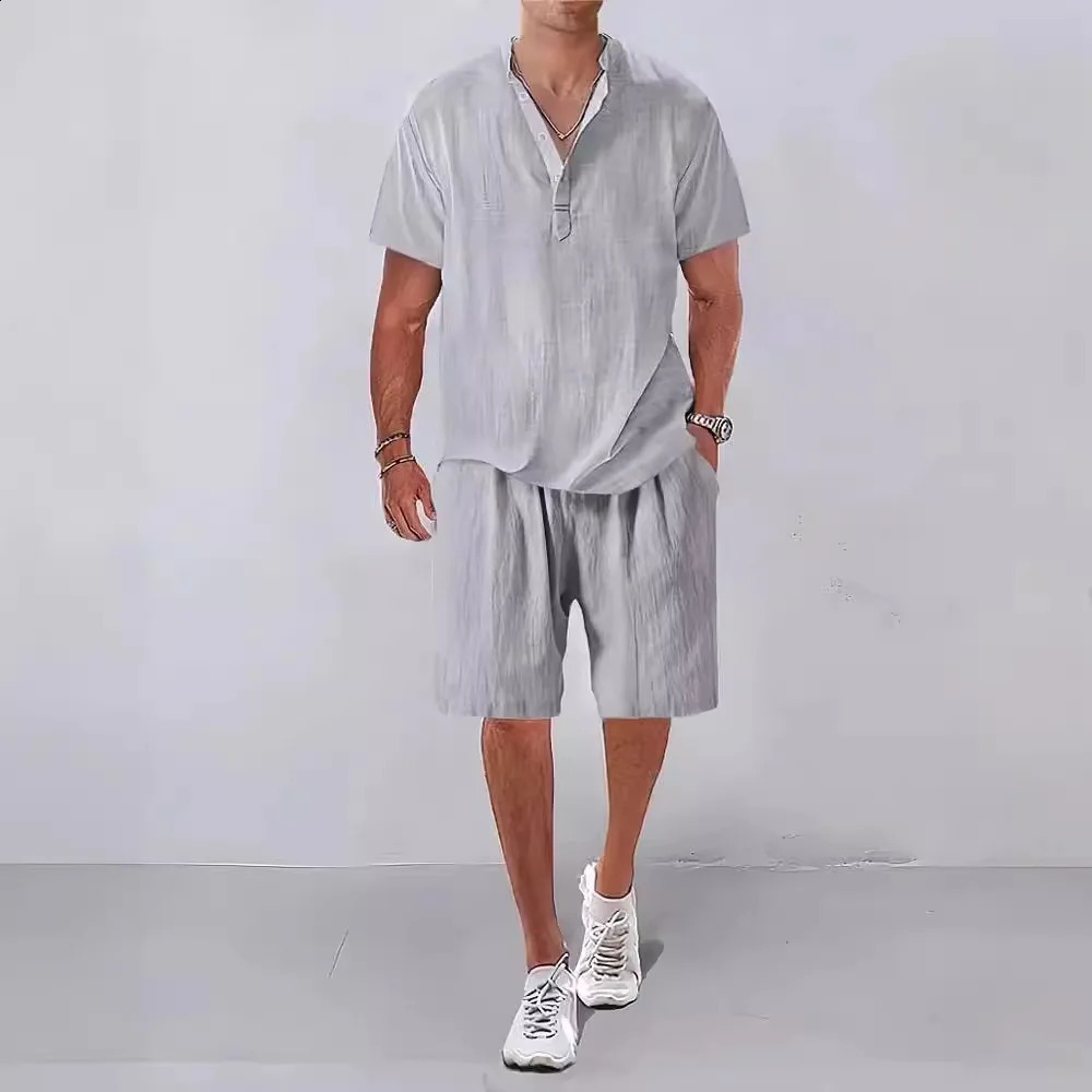 Fashion Men Sets 2025 Summer Mens Solid Color Stand Collar Linen Outfits Short Sleeve Polo ShirtShorts 2 Pieces Casual Suit 250530