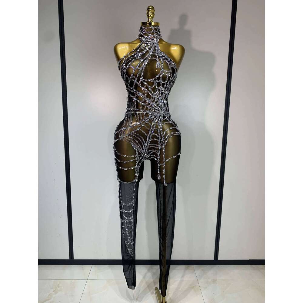 STOCK Sparkly Dia Women Sexy Mesh Jumpsuit Nightclub Bar Party Show Gogo Dancer Clothing Drag Queen Outfit Stage Costume