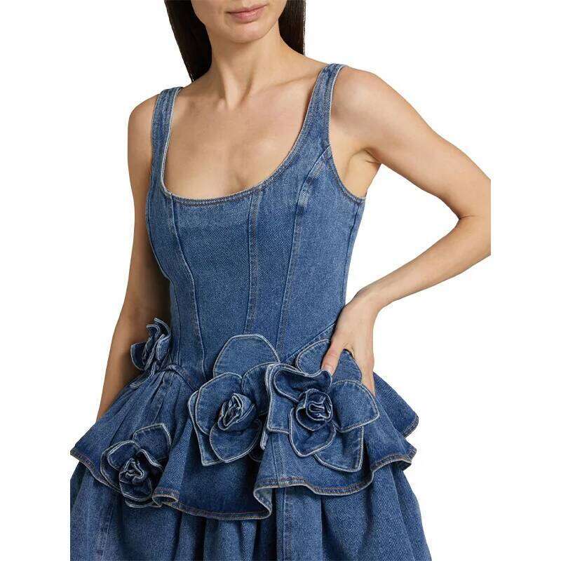 Chic Summer 3D Floral Denim Mini Dress Vintage A Line Halter High Street Jean Vesidos 2025 New Lady Partyy2k Fashion Clothing