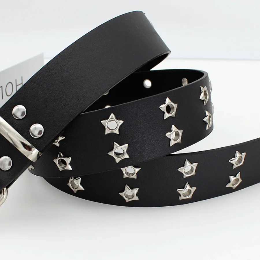 Y2K Punk Rivet Leather Belts for Women and Men Star PU Black White Waist Strap Double Row Hollow Trendy Waistband Jeans Skirt Decoration XJ250602