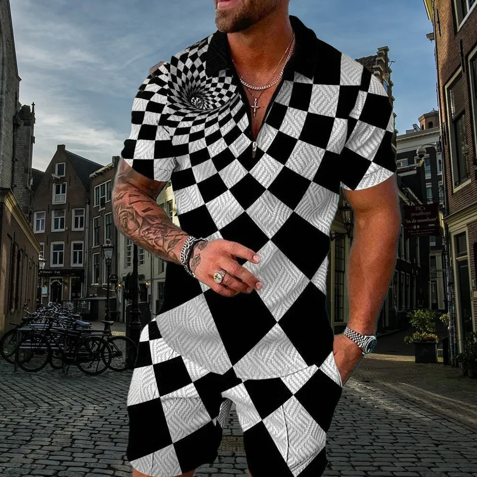 Abstract Pattern 3D Print Polo shirts 2pcs Set Zipper Lapel Sets CollarShorts Hawaii Holiday Style Man Clothes 250530