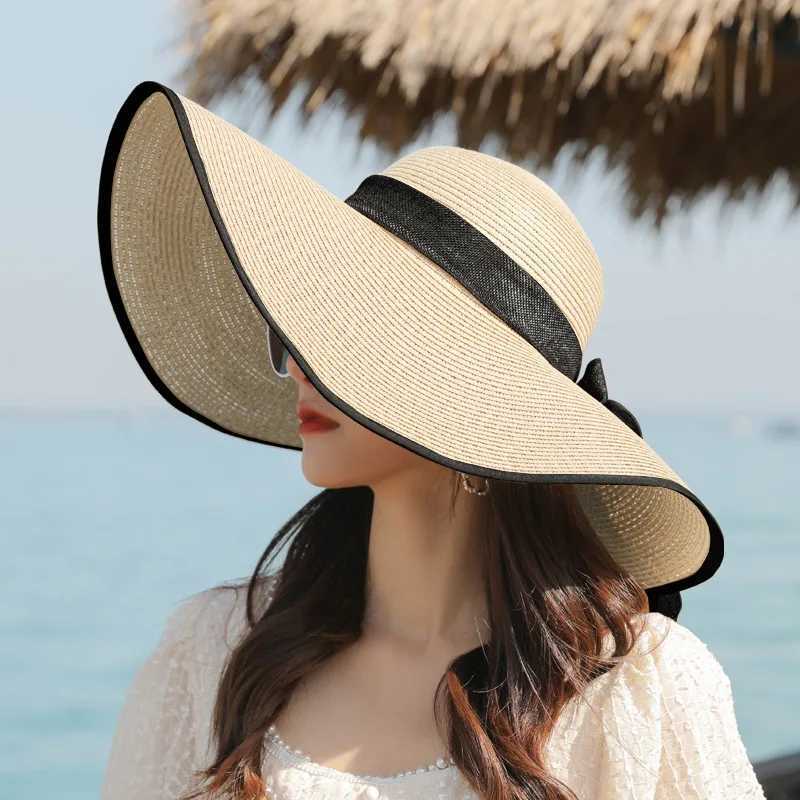 INS Handmade Weave Bow Sun Hats for Women 2023 Black Ribbon Large Brim Straw Hat Outdoor Beach Summer Caps Gorras Hombre W250602