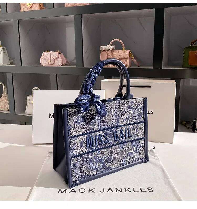 Blue Color Fashion Embroidery Tote High Quality Large Capacity Women's Handbag Shoulder Lady Purse Female Casual Bag