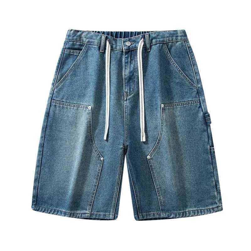 Fashion Streetwear Mens Denim Shorts Summer Loose Vintage Harajuku Splicing Hip-hop Cargo Moto Short Jeans Black Blue T250603