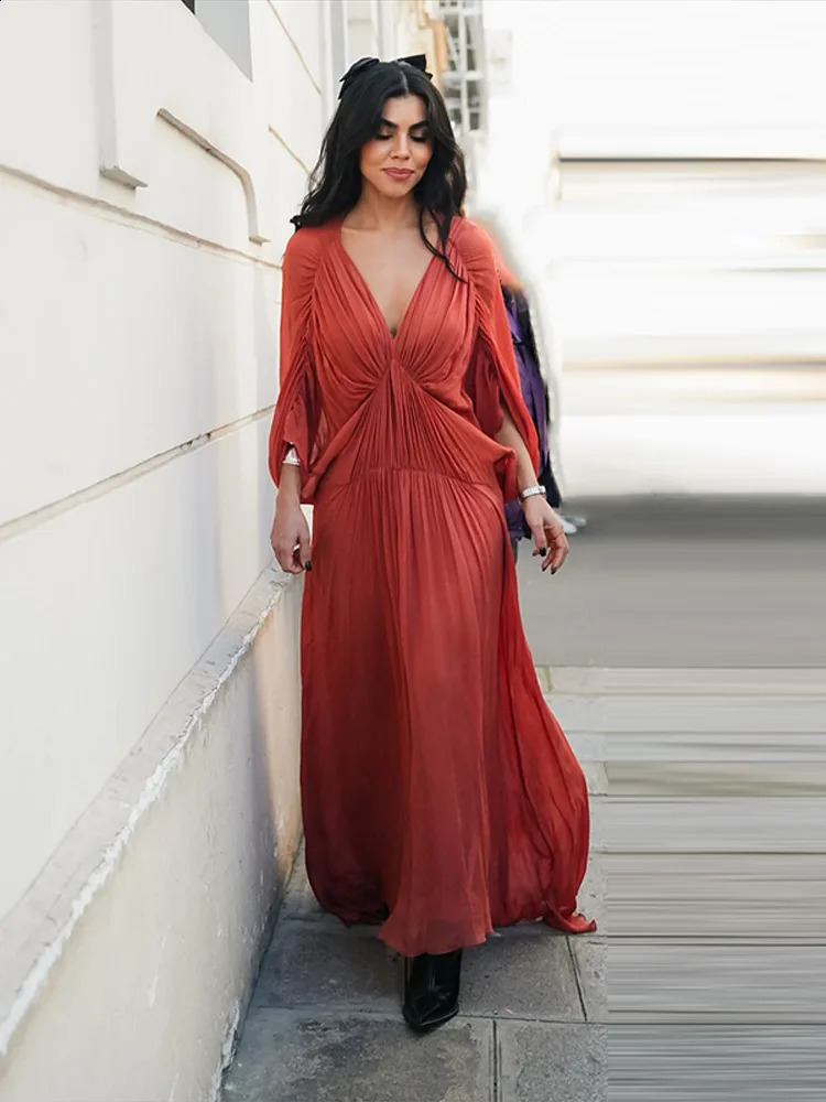 Casual Pleated Women Long Dress Orange V-neck Long Batwing Sleeve Patchwork Female Dresses Spring Summer Party Lady Robe 250530