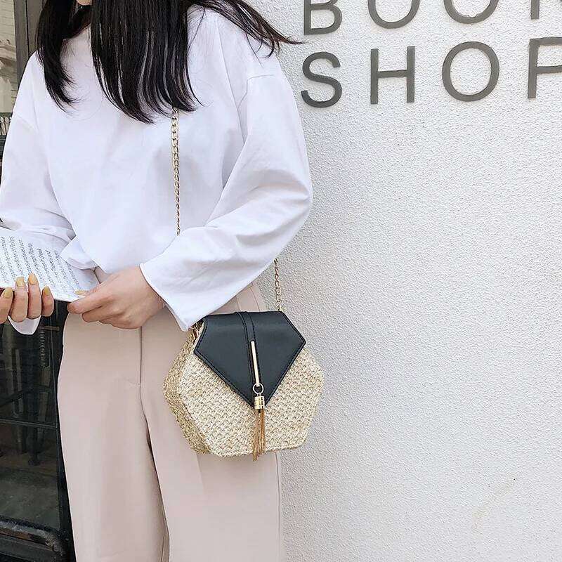 Hexagon Mulit Style Straw+Leather Handbag Women Summer Rattan Handmade Woven Beach Circle Bohemia Shoulder Bag