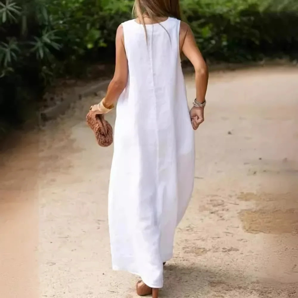 Spring Cotton Linen Women Dress Long Black V-neck Sleeveless Loose A-line Dresses Female Elegant Trendy Casual Lady Clothes 250529