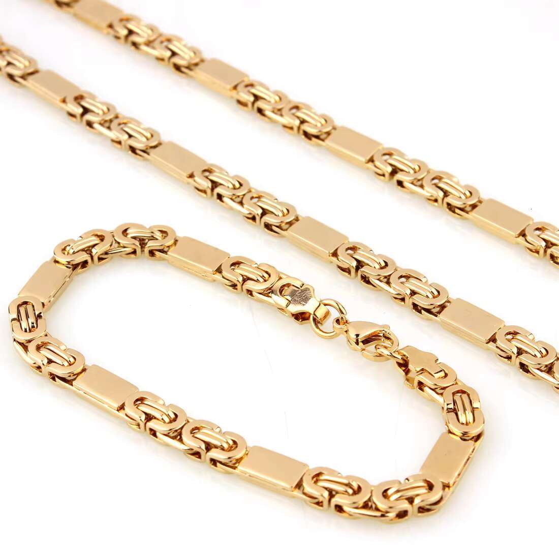 18K Gold Plating Figaro Chain Mens Stainless Steel Italian Solid Necklace Bracelet Set
