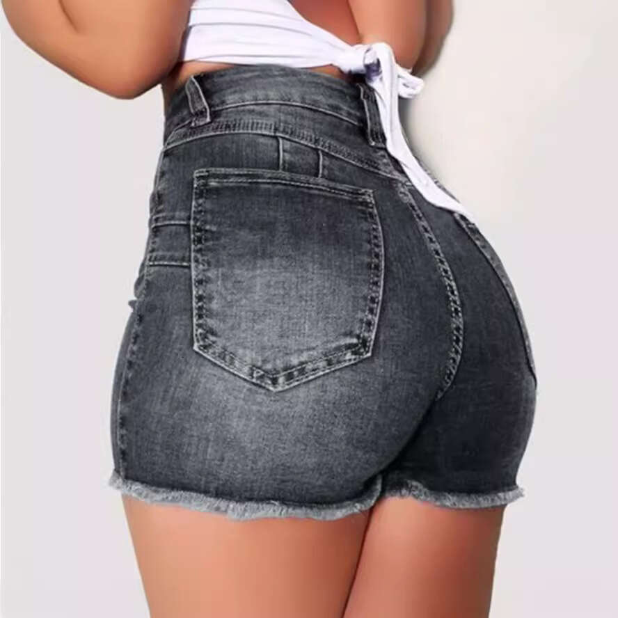 Elastic Slim Fit Distressed Fringe Denim Shorts For Women B5