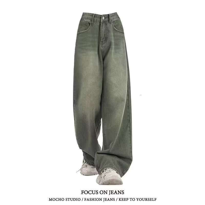 American Style Green Jeans For Women, Autumn Winter Vibe, Straight High Waist, Slimming, Loose Wide Leg, Floor-Length Pants, Trendy B5