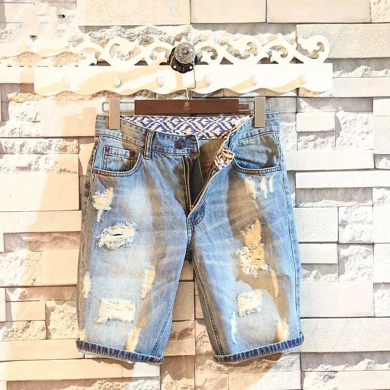 Summer Mens Fashion Slim Fit Denim Shorts Korean Casual Perforated Mid Pants T250603