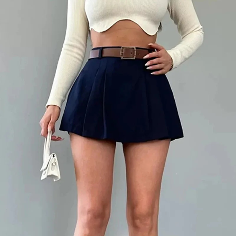 Retro Solid Color Womens Shorts Skirt Spring Casual Womens High Waist Pleated Mini Skirt Womens Street Slim Shorts Belt 250603