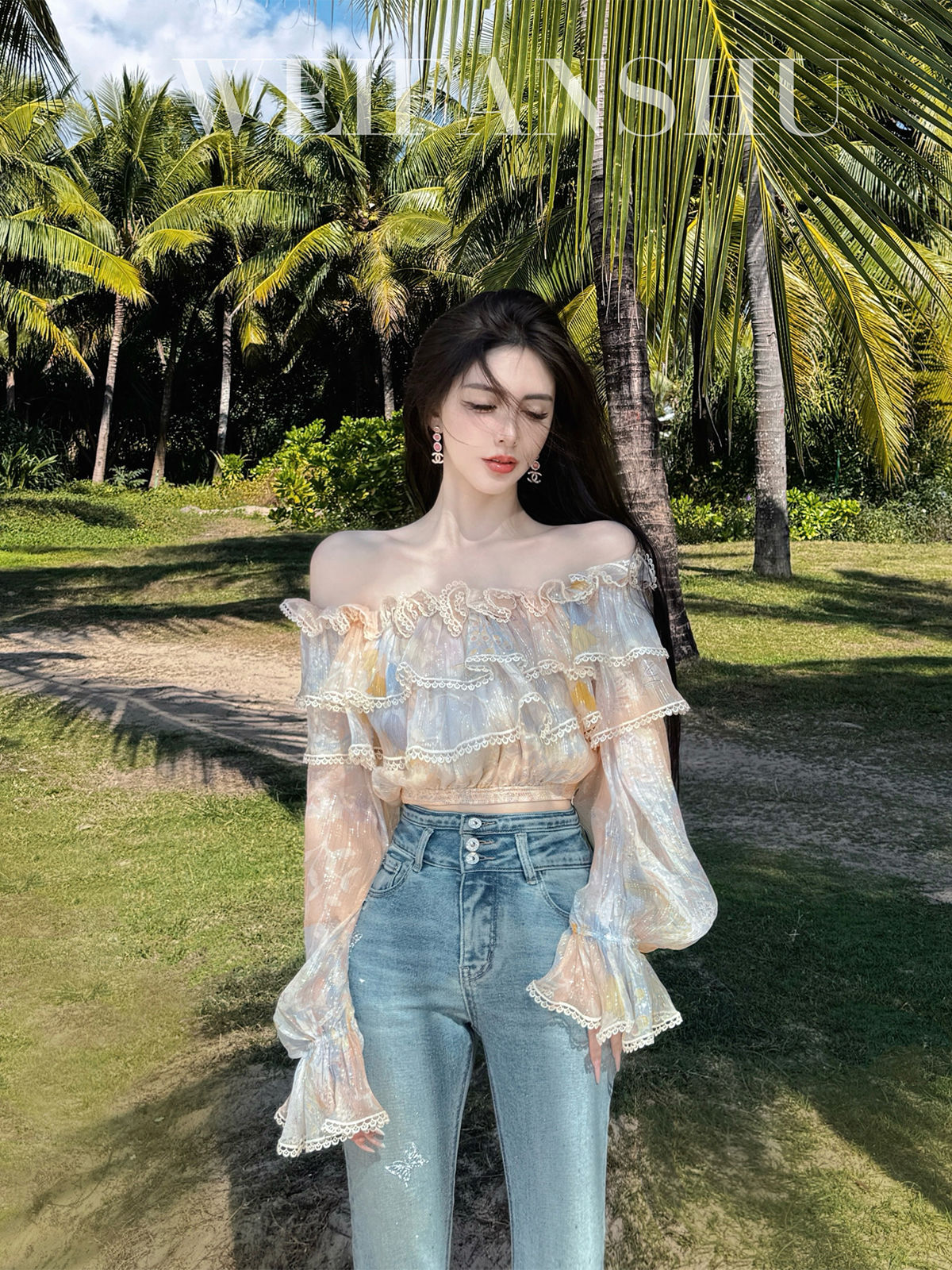 2025 new spring and summer women's T-shirt spring and summer new French ruffle edge off shoulder elegant top fairy style designer temperament one