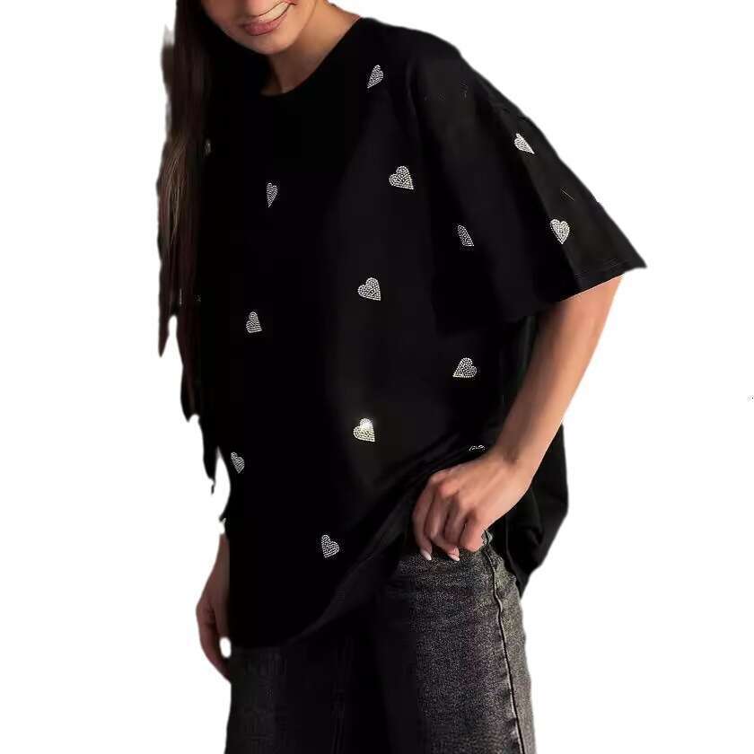 Simple Style Heart Rhinestone Round Neck Drop Shoulder Short Sleeve T-Shirt Spring Summer New Loose Top B5
