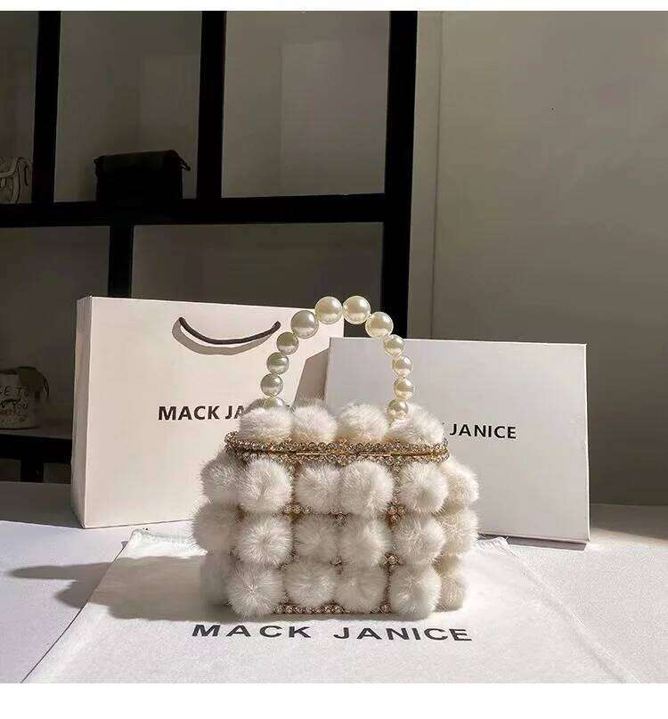 Mink Hair Metal Cage Pearl Beading Women's Handbag Crystal Dias Evening Wedding Party Clutch Purse Crossbody Bag