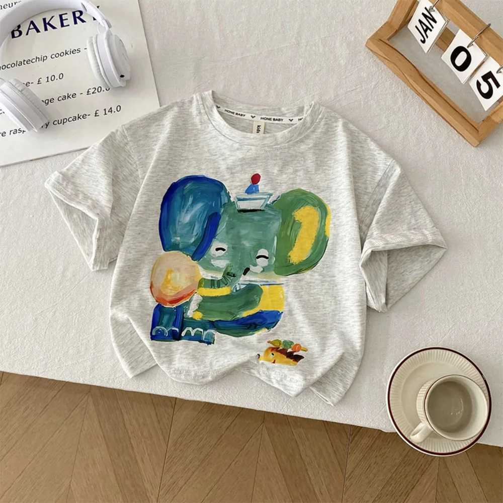 Boys and girls baby elephant short-sleeved T-shirt summer 2025 new childrens pure cotton half-sleeved top T250603