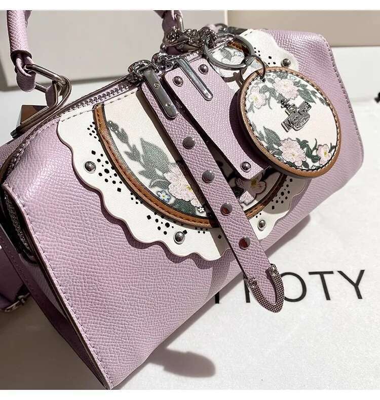 Purple Color Fashion Embroidery Floral Pillow High Quality Women Handbag Lady Purse Textured Leather Shoulder Messenger Bag