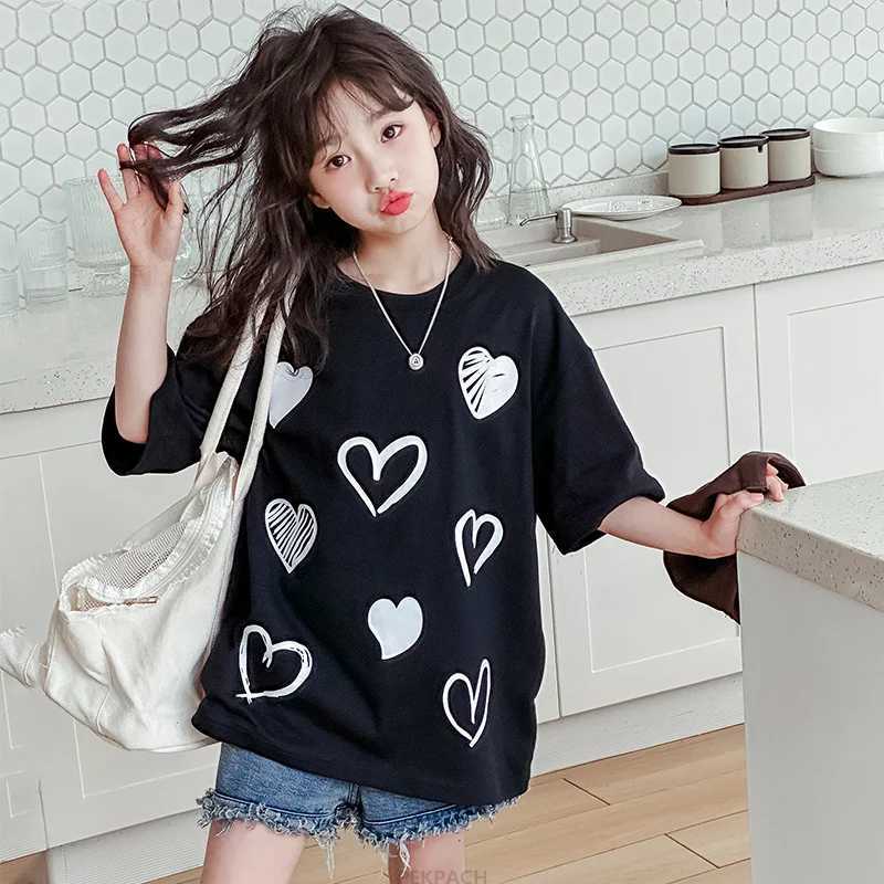 Hot Sale Child Summer Short Sleeve T-shirt with Heart Print For Girls Elegant Cotton Tshirt Outfit Tee Tops Age 5 7 9 11 13 14 Y T250603