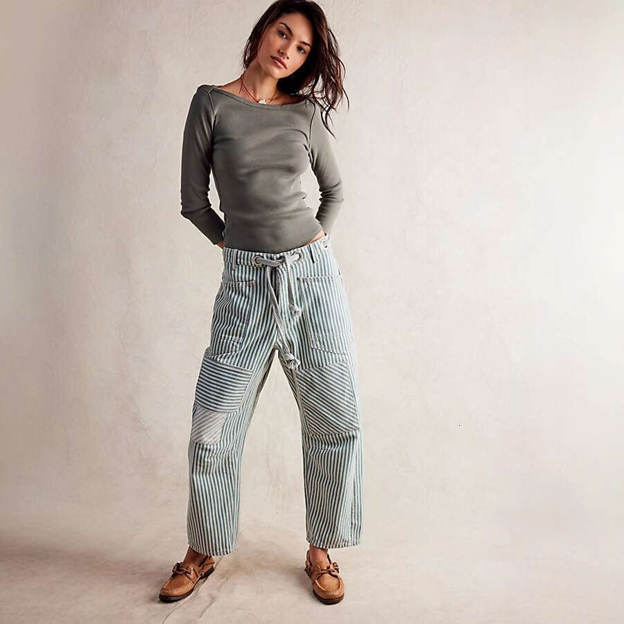 Mid-Waist Fashion Commuter Casual Loose Wide-Leg Striped Patchwork Drawstring Pocket Pants B5
