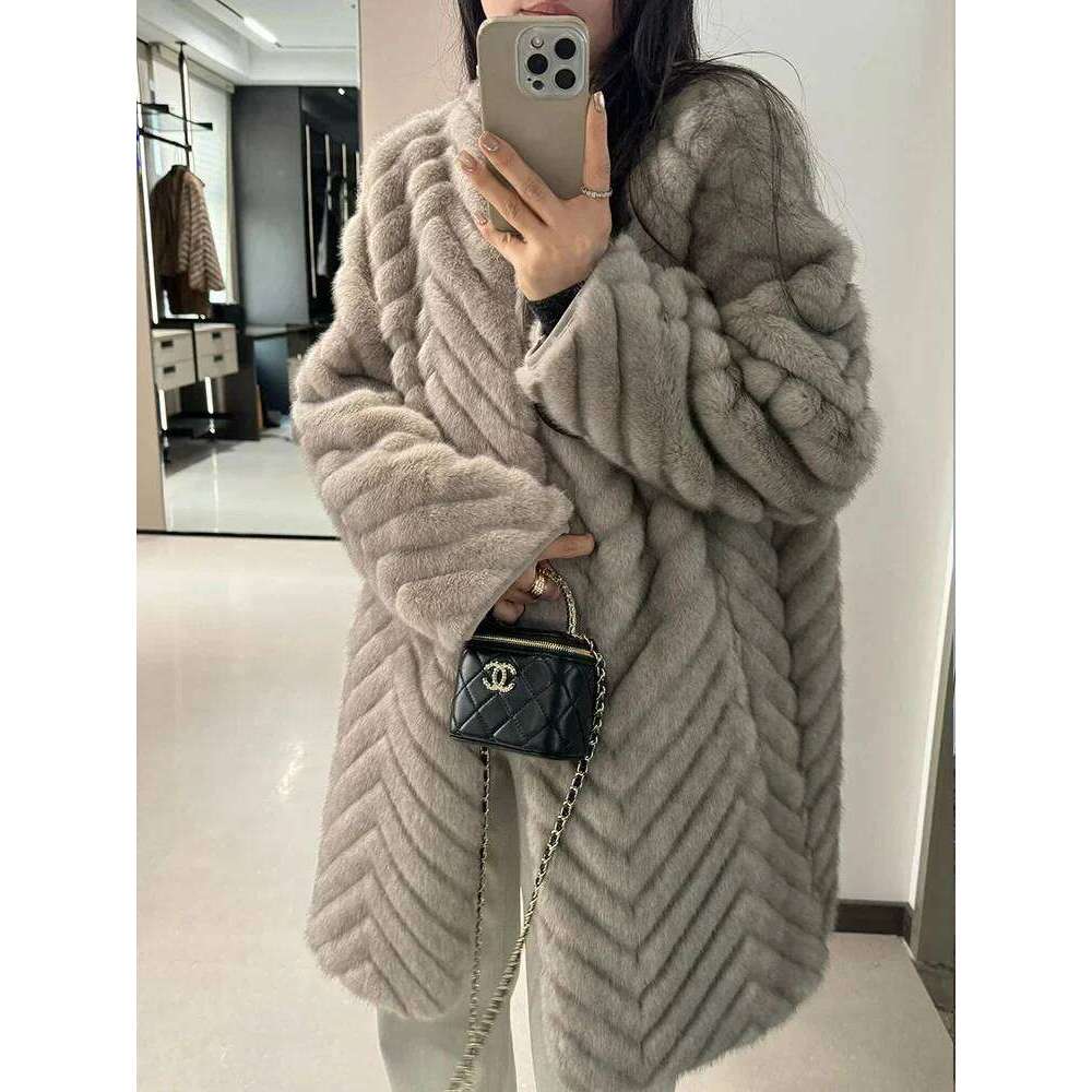 2025Winter New Faux Mink Midi Length Korean Style Eco-Friendly Fur One Piece Women's Jacket Plush Coat Overcoat